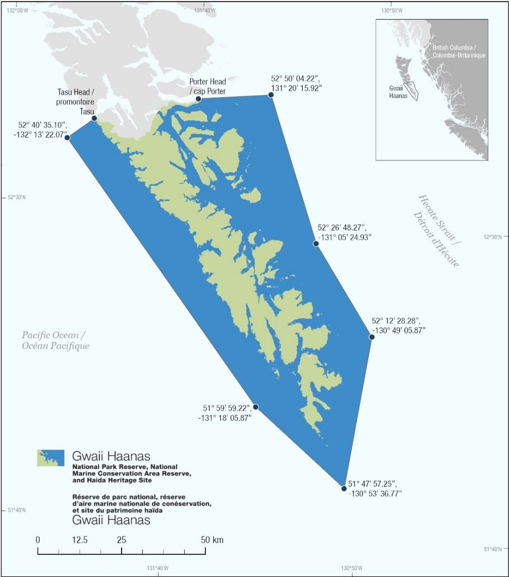 Map showing with coordinate points Gwaii Haanas National Park Reserve, National Marine Conservation Area Reserve, and Haida Heritage Site.