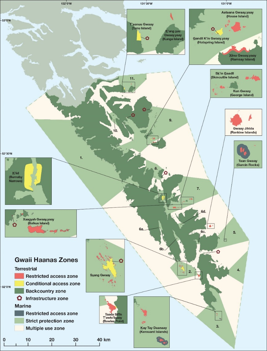 Carte indiquant 
                 avec des couleurs les zones terrestres et marins du réserve de
                 parc national Gwaii Haanas.
