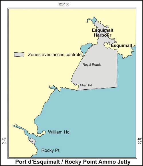 Une carte maritime montrant les limites des zones avec accès contrôlé dans le port d'Esquimalt, aux abords de celui-ci et à proximité de Rocky Point.