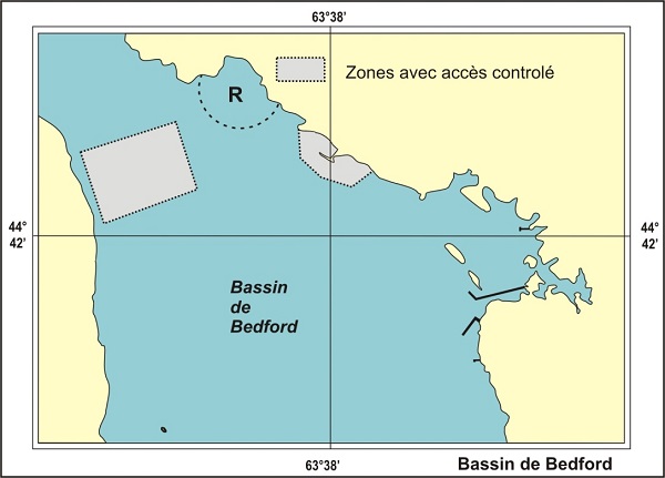 Une carte maritime montrant les limites des zones avec accès contrôlé dans le bassin de Bedford.